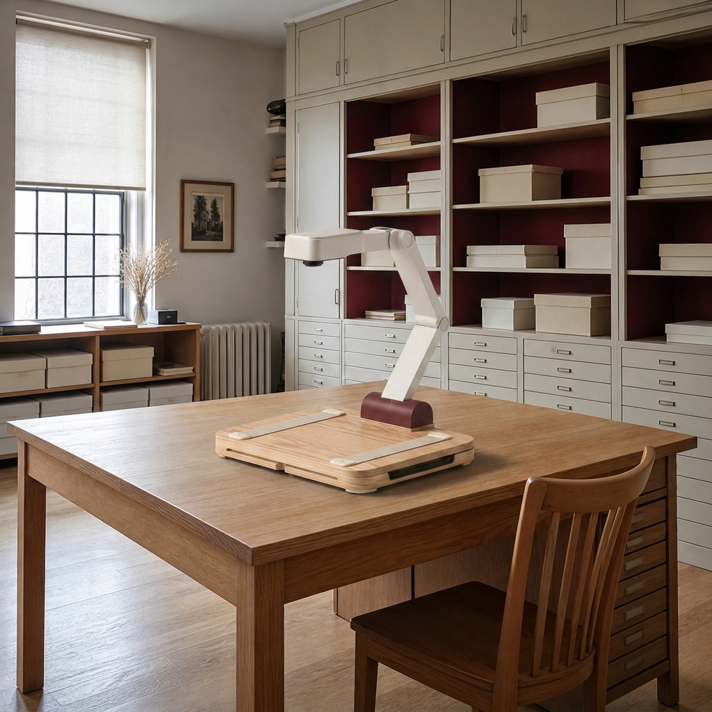Document scanner on a wooden table in a bright archive room