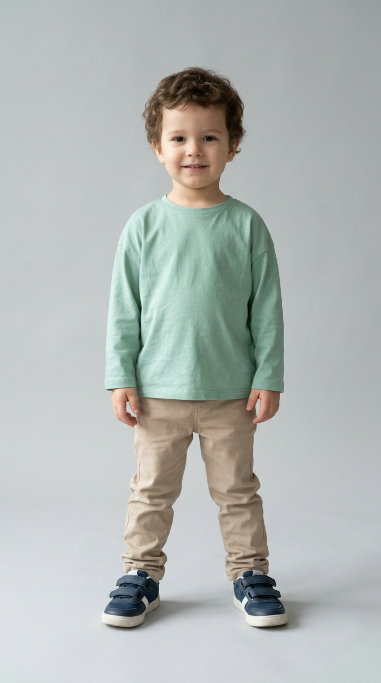 Entirely synthetic fully clothed child appearance reference, not a real child photo