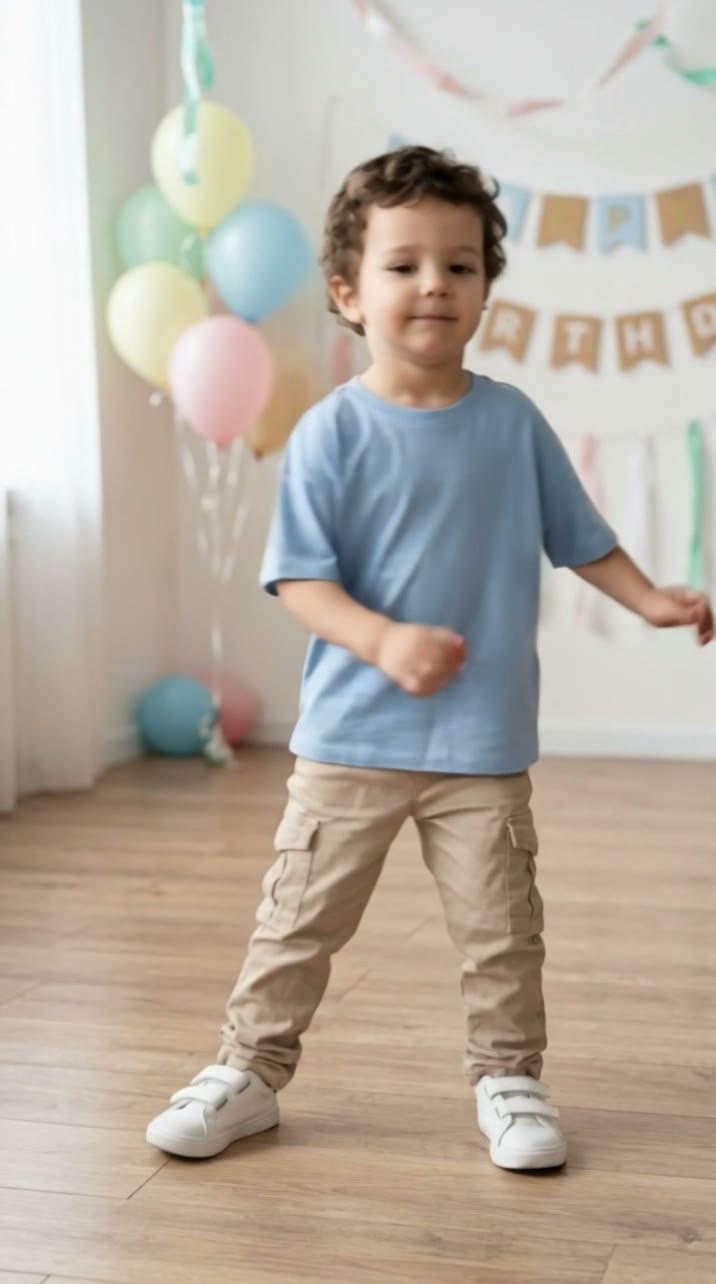 A later frame of the same fictional child dance with a changed stance in the same celebration room