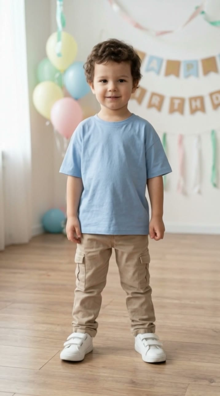 The newly generated clothed child begins the sway performance in an original celebration room