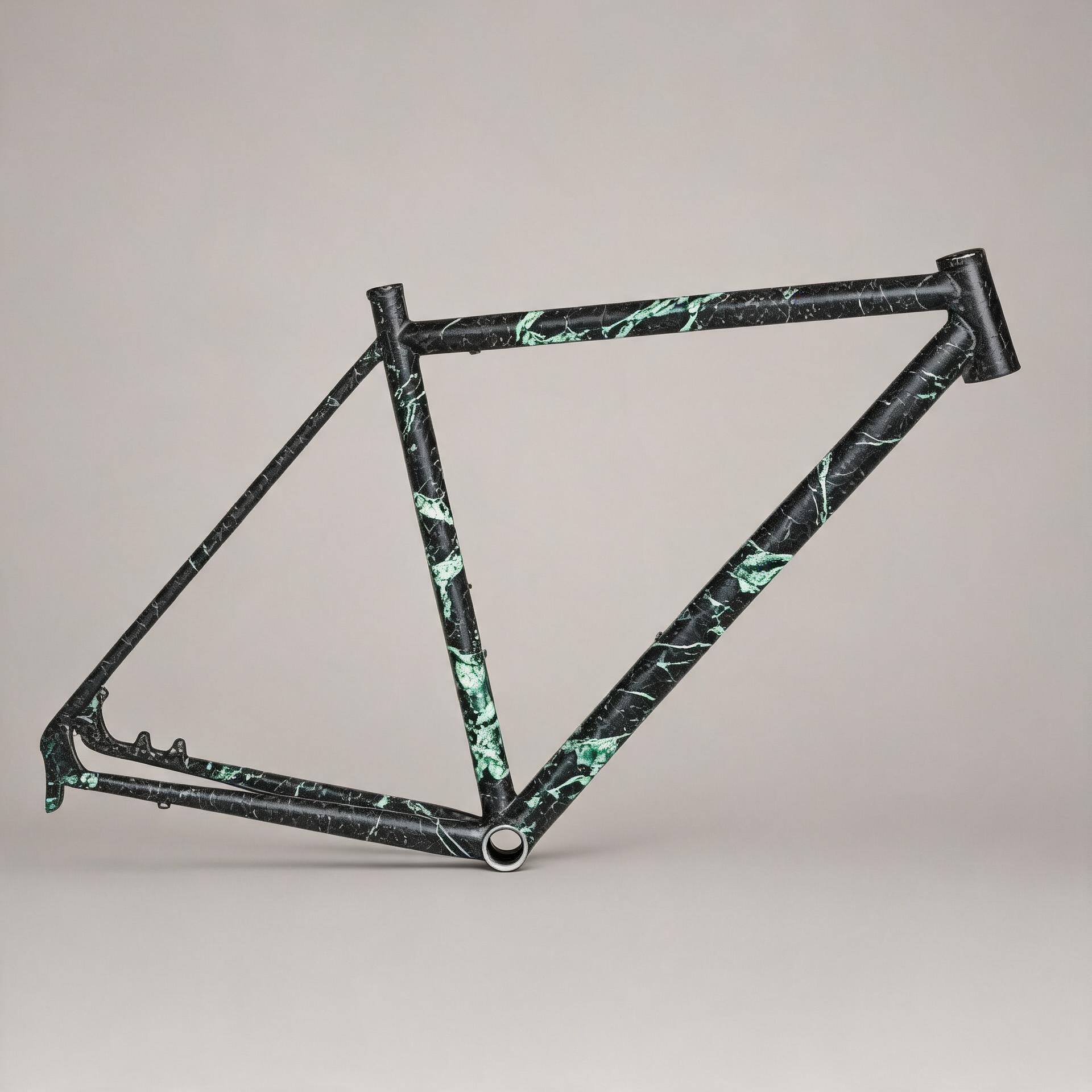 AI-generated square product study of a bare bicycle frame with a basalt-black mineral finish and restrained mint crystalline veins