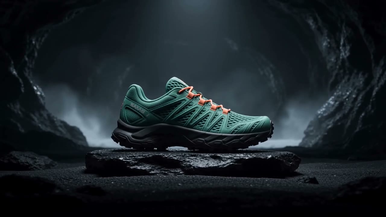 An original sea-green trail shoe with coral-orange lace loops on wet basalt in a volcanic tide cave
