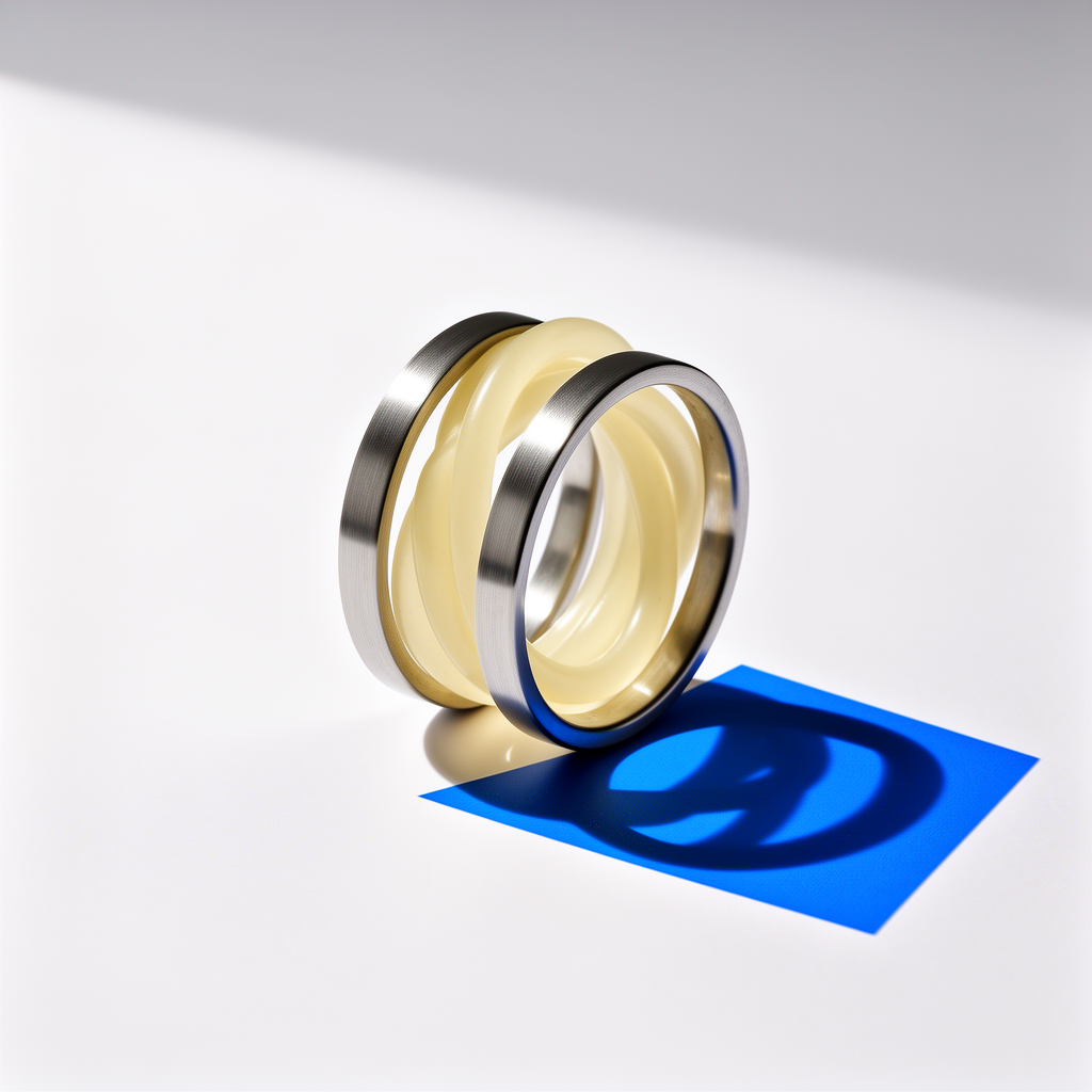 AI-generated square still life of translucent ivory loops threaded through brushed steel rings and casting a cobalt-blue shadow