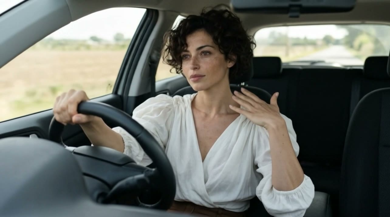 At 5 seconds the same screen-right hand is beside the driver’s own shoulder and the other hand remains on the wheel