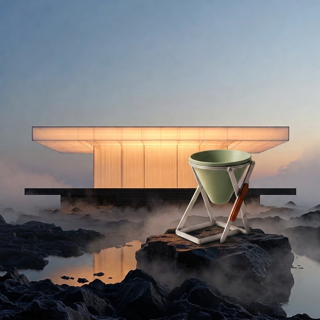 AI-generated celadon folding vessel staged on black stone before a glowing amber pavilion in mist