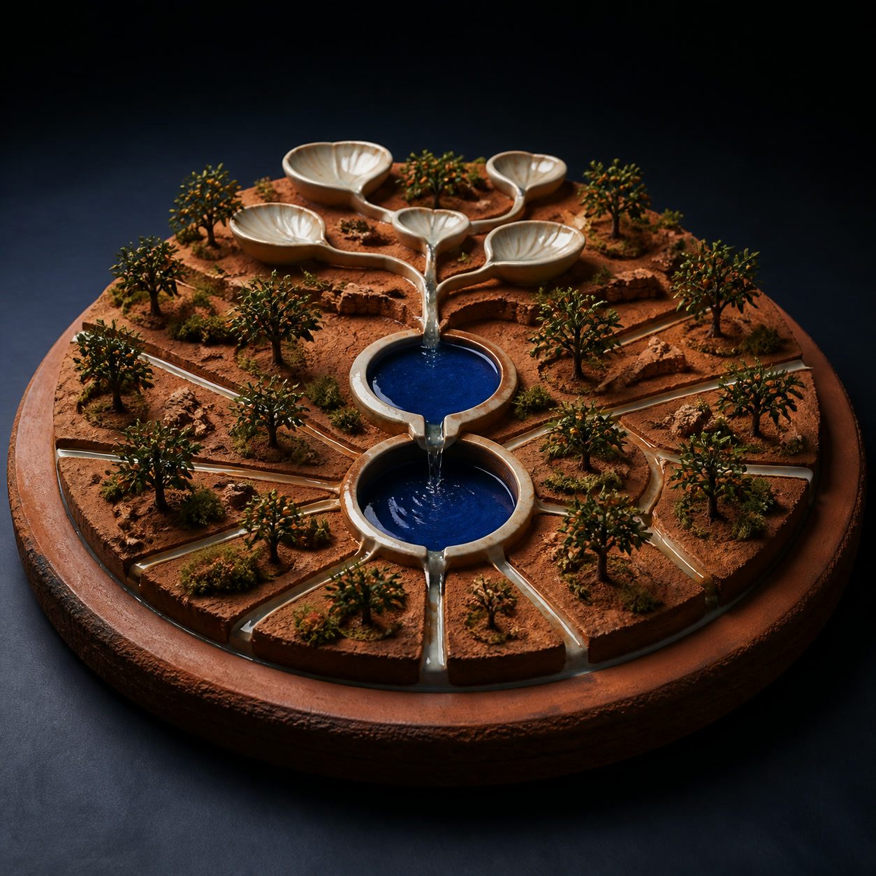A handcrafted circular orchard diorama with pearl ceramic rain channels feeding two cobalt reservoirs