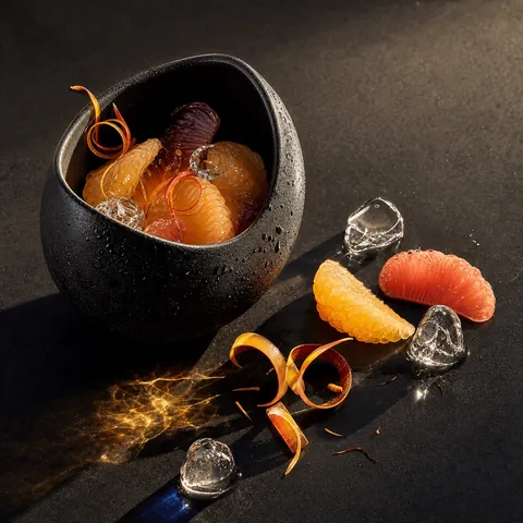 A dark citrus still life with curled orange peel and a glass of ice