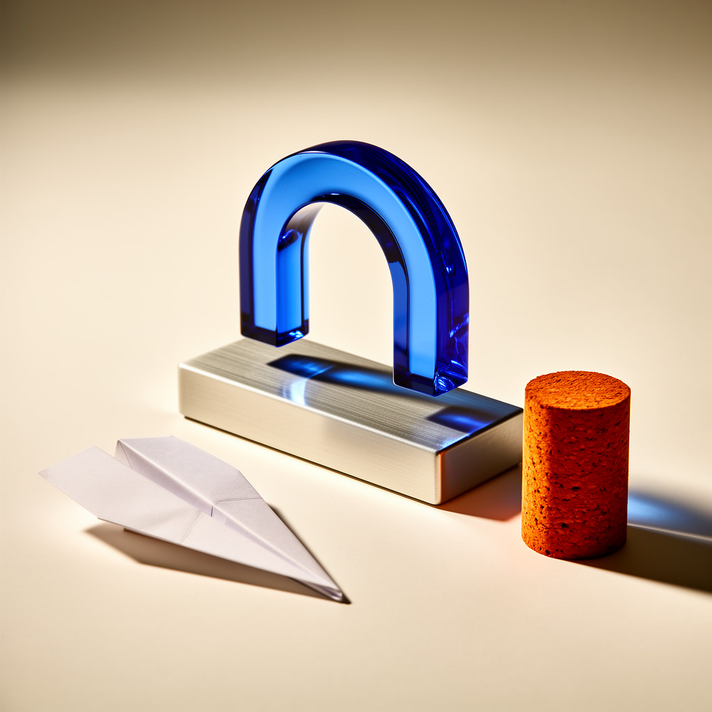 AI-generated square material study of a cobalt glass arch, aluminum plinth, folded paper plane, and burnt-orange cork cylinder