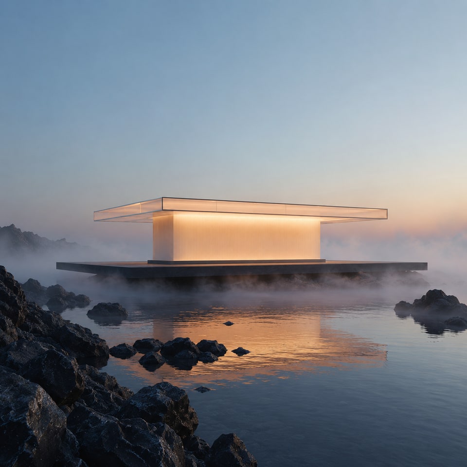 AI-generated amber glass pavilion on a basalt platform above a reflective cobalt mineral pool in mist