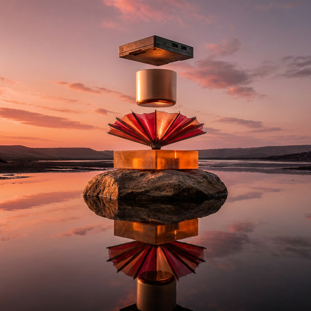 Red folded fan and suspended bronze forms reflected in water at sunset
