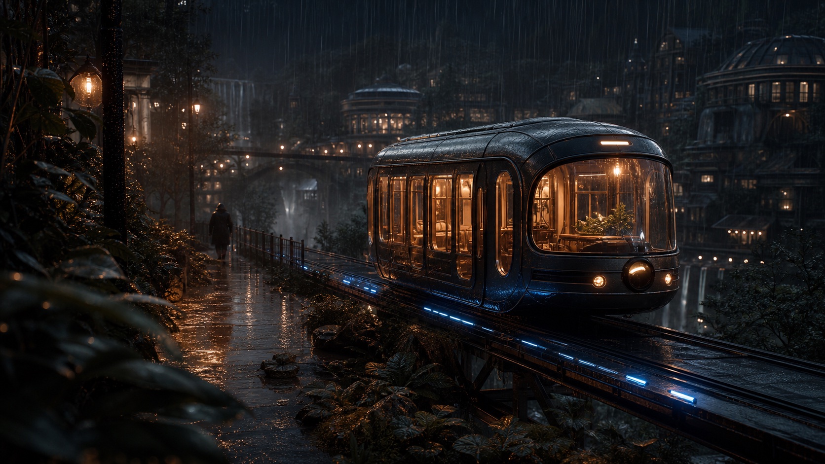 AI-generated Movelume studio study: Copper Rain Tram