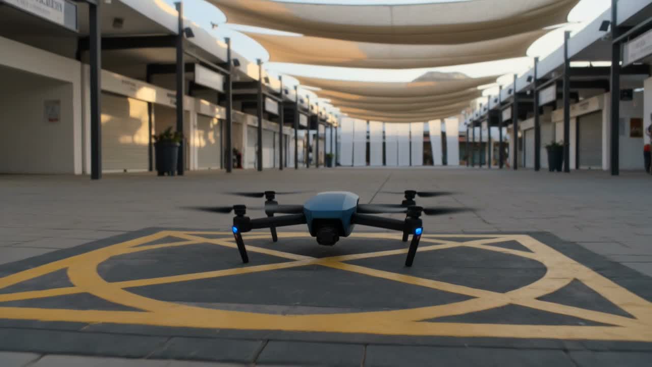 AI-generated Kling 3.0 video of an original compact courier drone settling onto a saffron landing pad in a covered market corridor