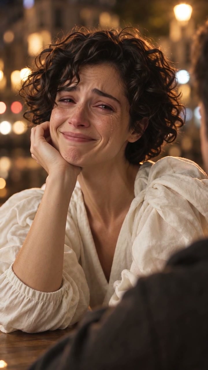 A frame from the same generated example, showing the emotional scene and tear detail