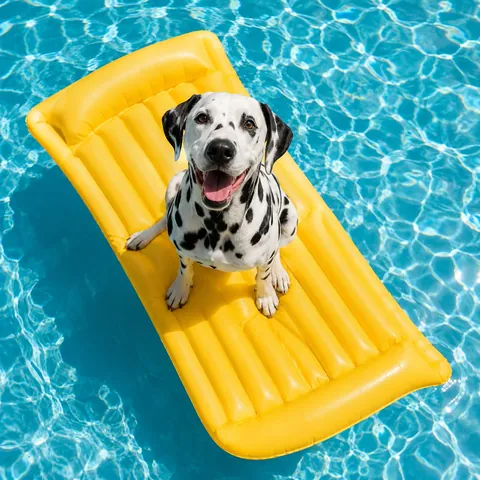 A Dalmatian on a yellow lounger in a turquoise swimming pool