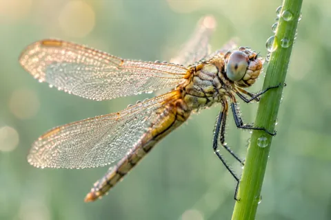 Dewdrops on a dragonfly wing in soft morning light