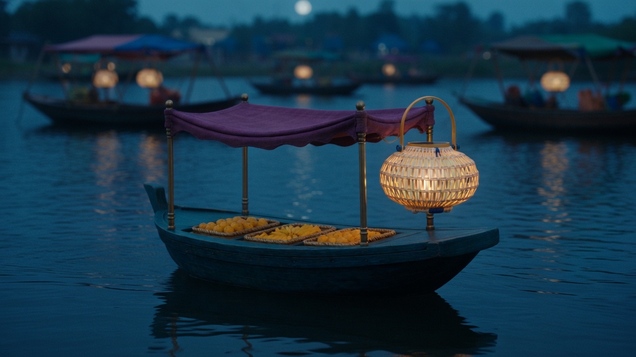 AI-generated night floating market with a dark-teal kiosk boat, plum canopy, woven solar lantern, and saffron baskets