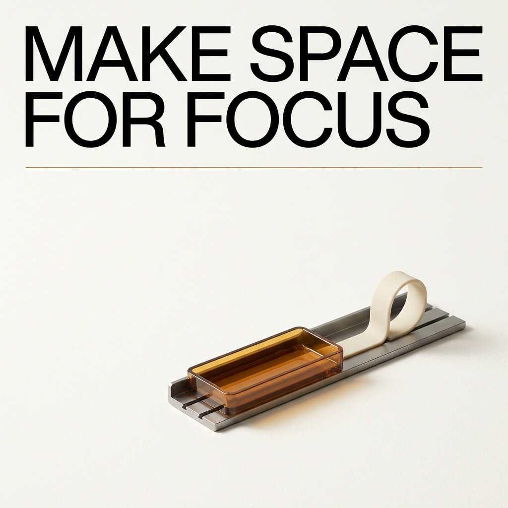 AI-generated square editorial type board reading Make Space for Focus above an amber tray and cream cable loop on a graphite rail