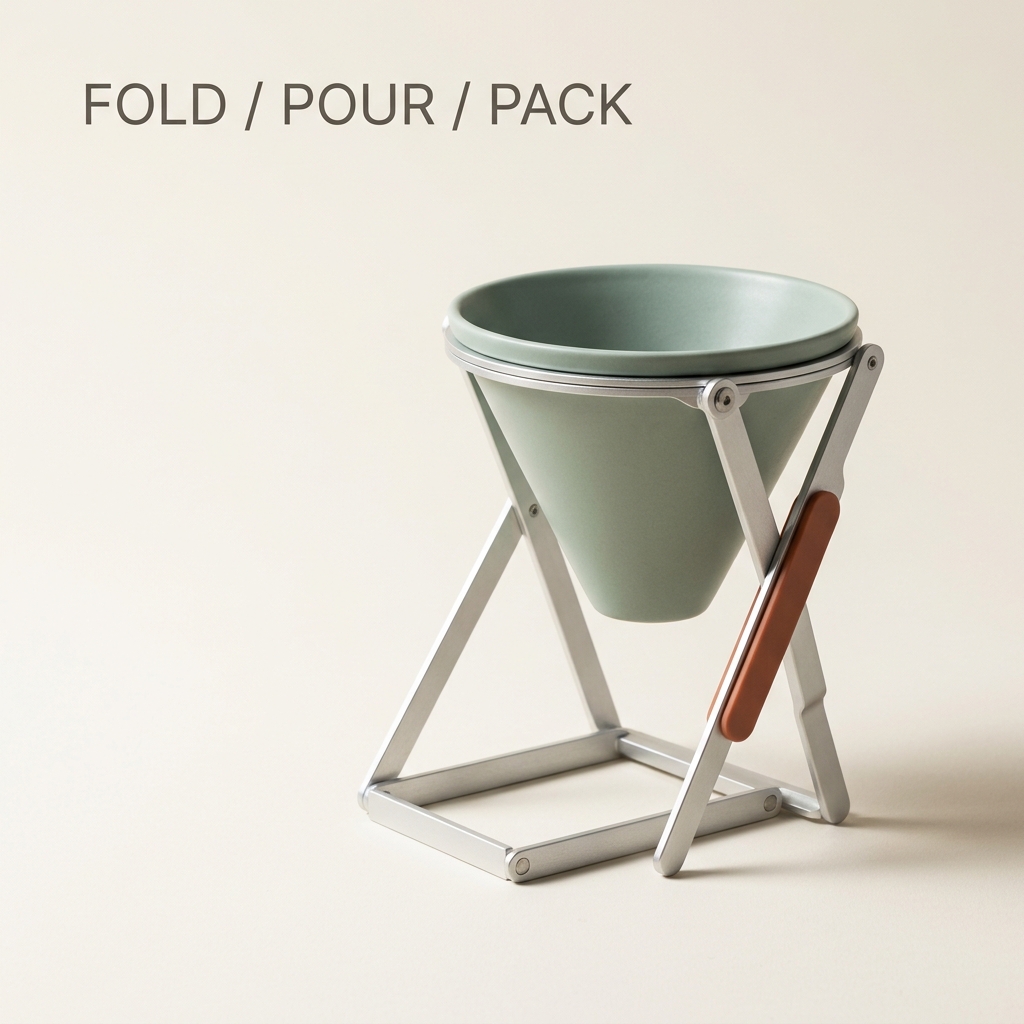 AI-generated square product image of a celadon folding pour-over brewer beneath the exact line Fold / Pour / Pack