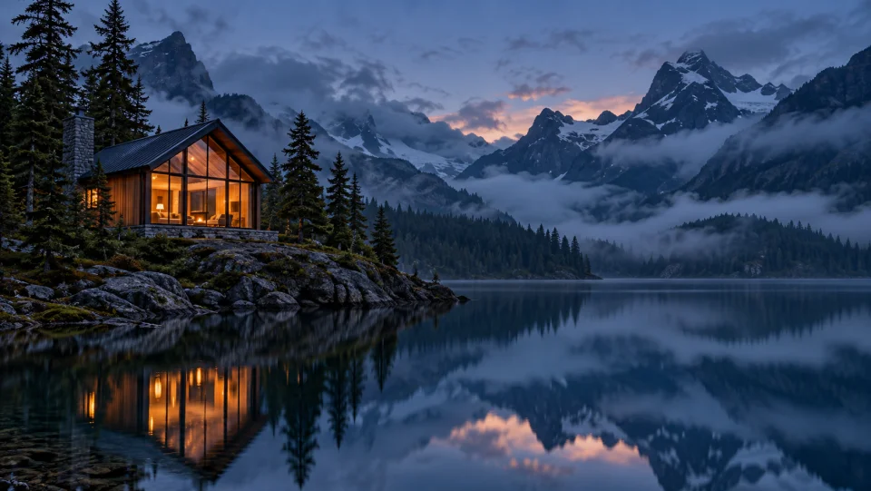 Cedar cabin reflected in a still alpine lake at blue hour