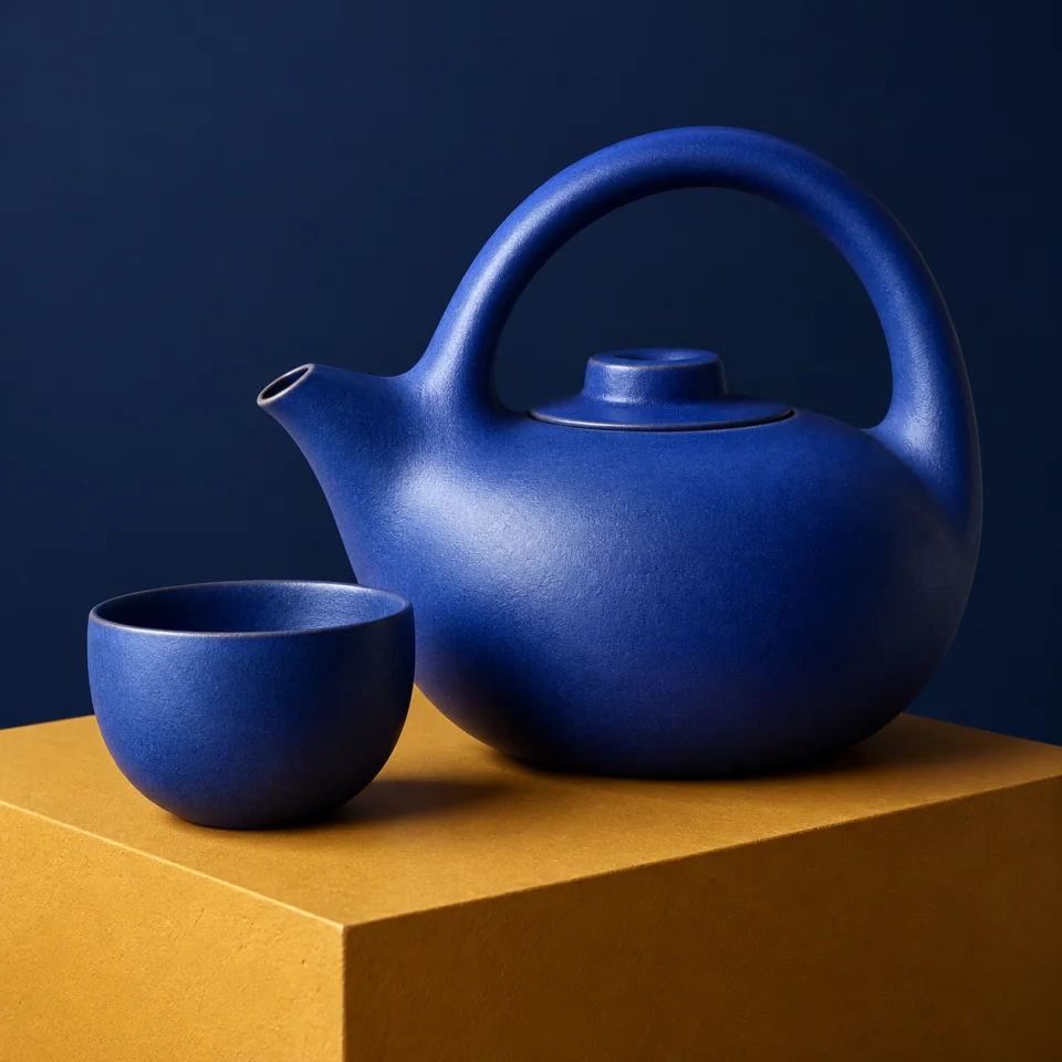 Cobalt ceramic teapot and cup on an ochre pedestal