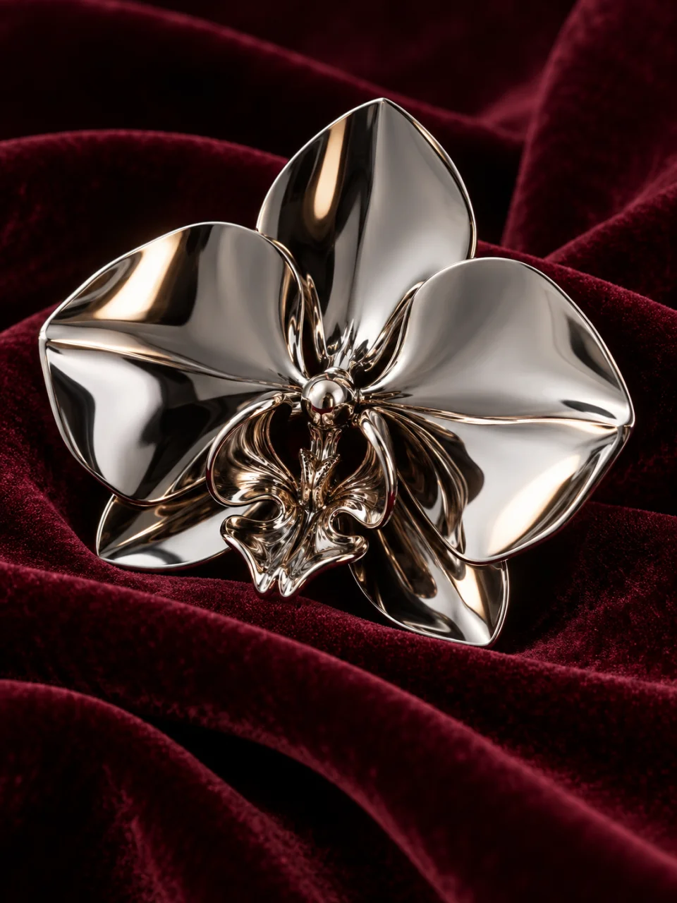 Polished chrome orchid on burgundy velvet