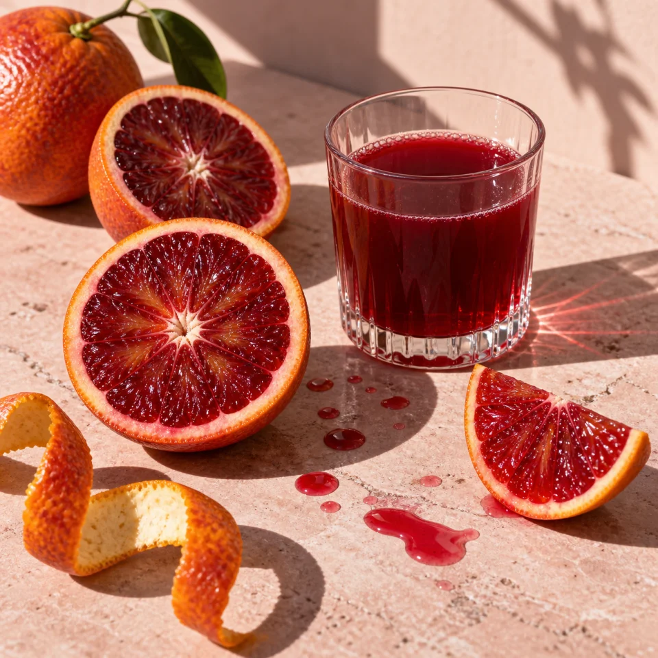 Blood oranges and ruby juice in bright sunlight on pink stone