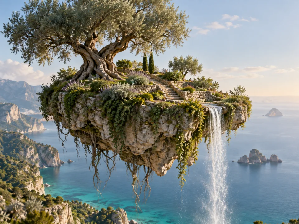 Floating olive garden with a waterfall above a turquoise sea