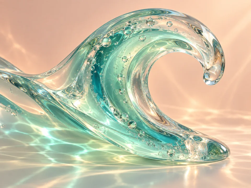 Translucent sea-glass wave against a peach background