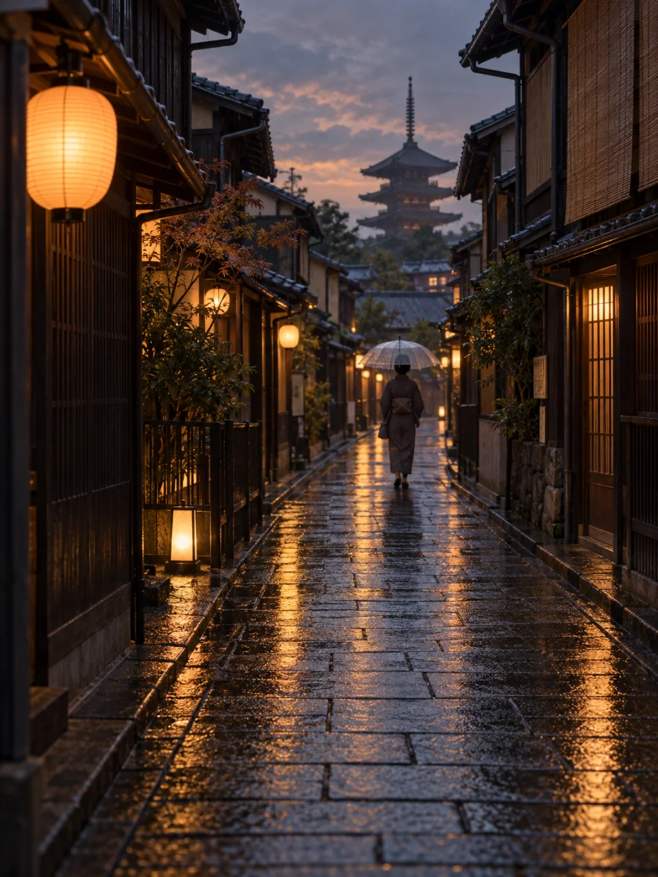 Rainy lantern-lit lane with a distant umbrella