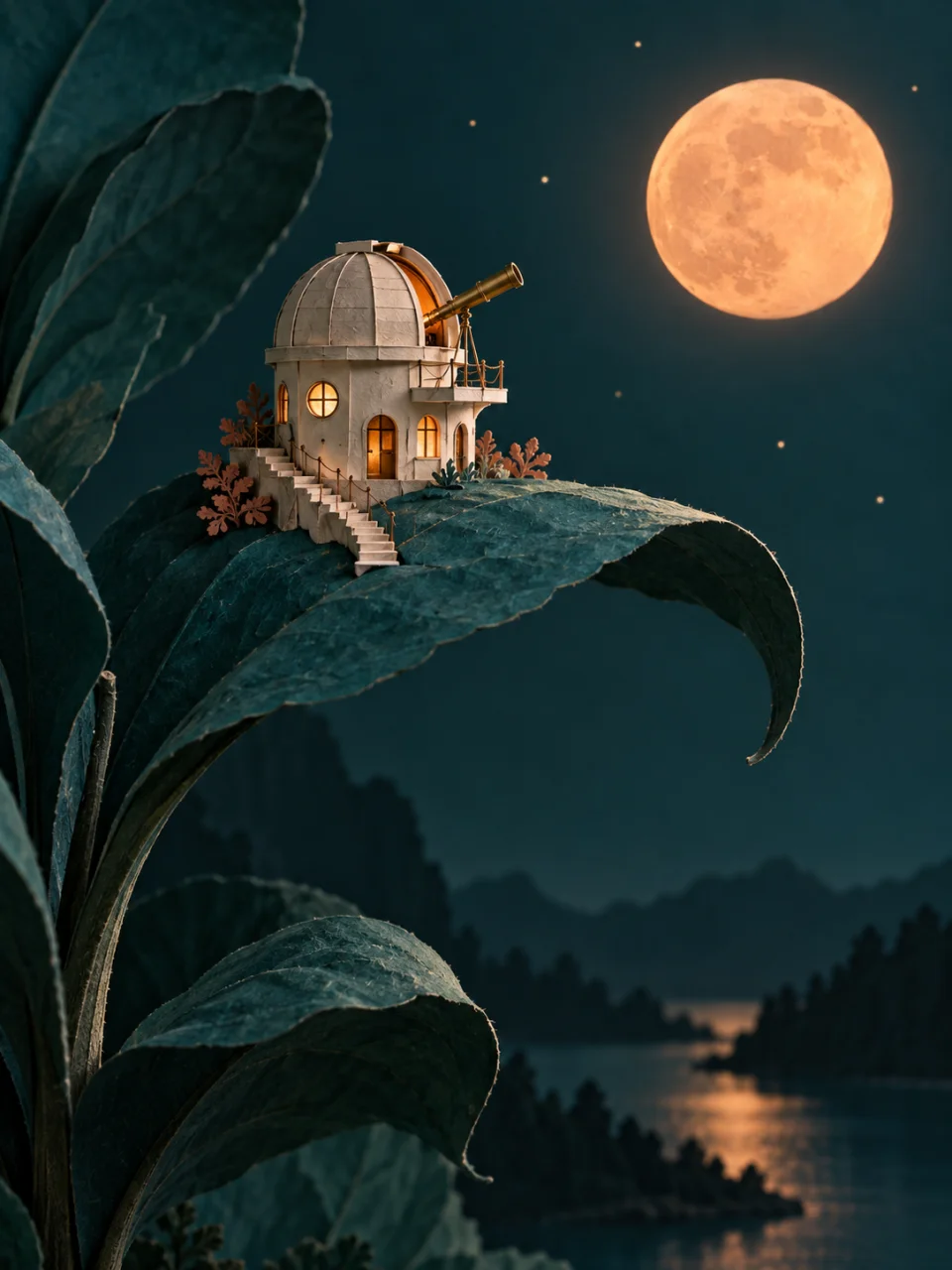 Handmade paper observatory resting on a giant teal leaf beneath an apricot moon