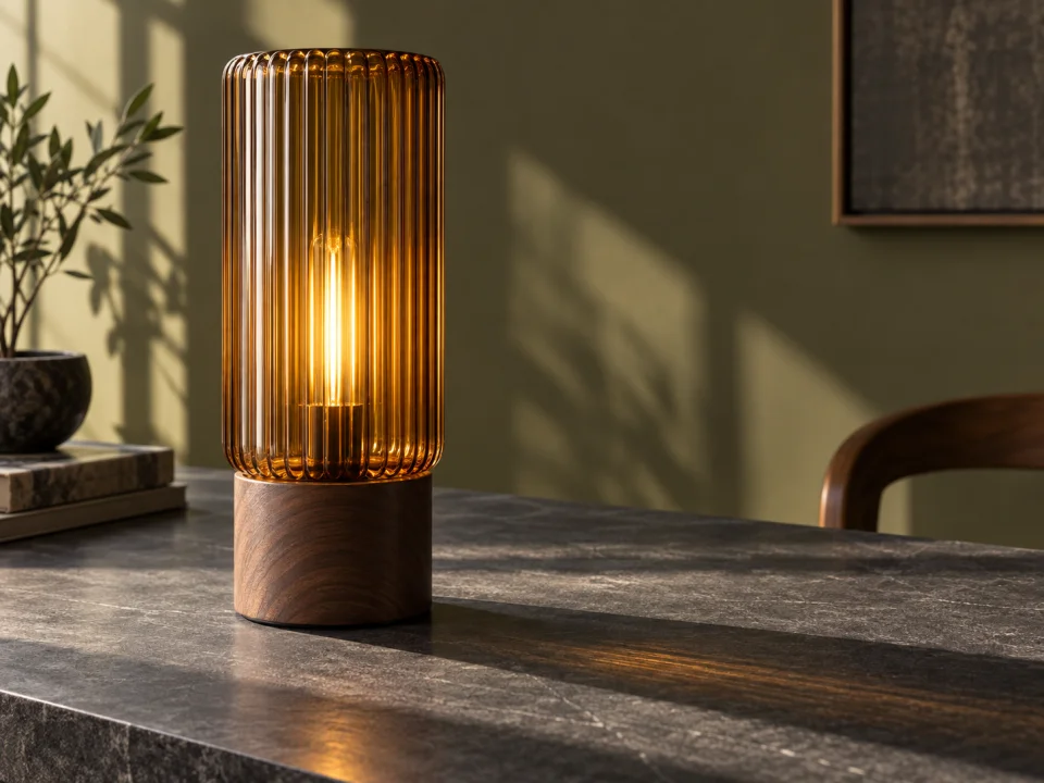 Ribbed amber glass lamp with a walnut base on a slate desk