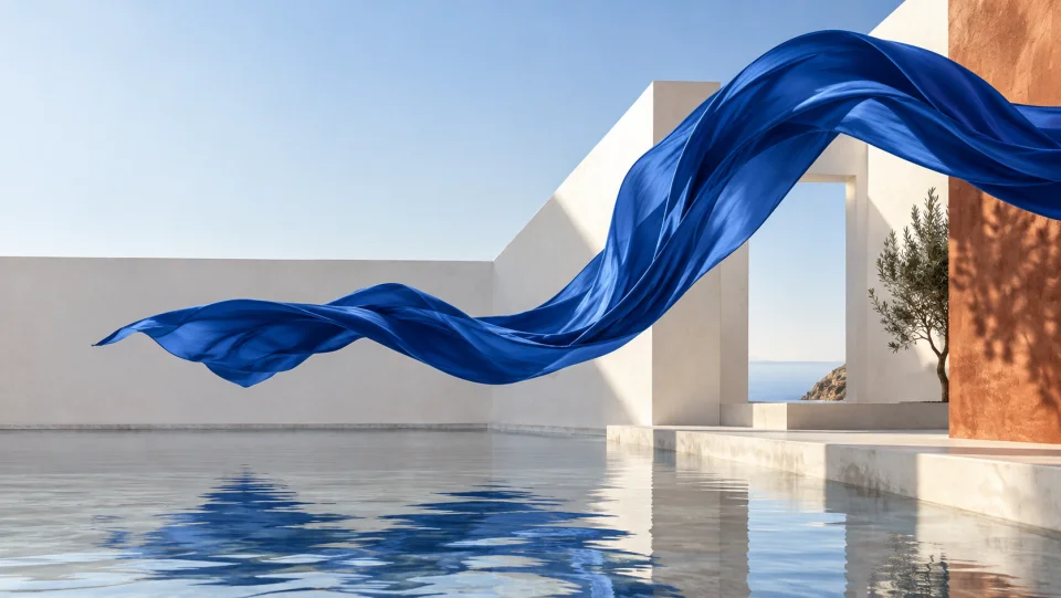 Cobalt silk ribbon floating across a sunlit courtyard with open space for typography