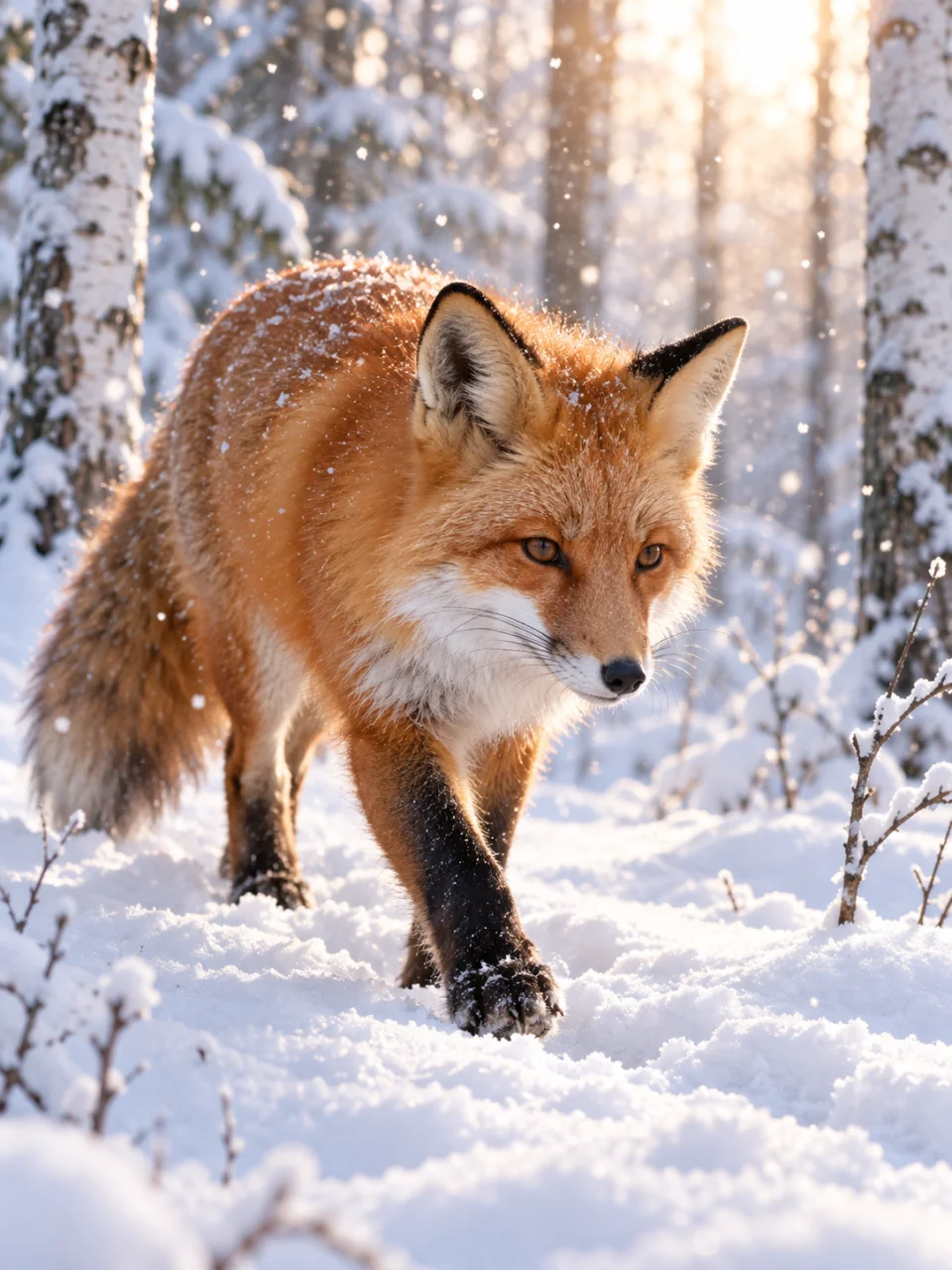 Red fox walking through snow in a birch forest