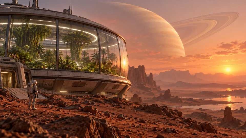 Glass greenhouse and astronaut beneath a ringed planet