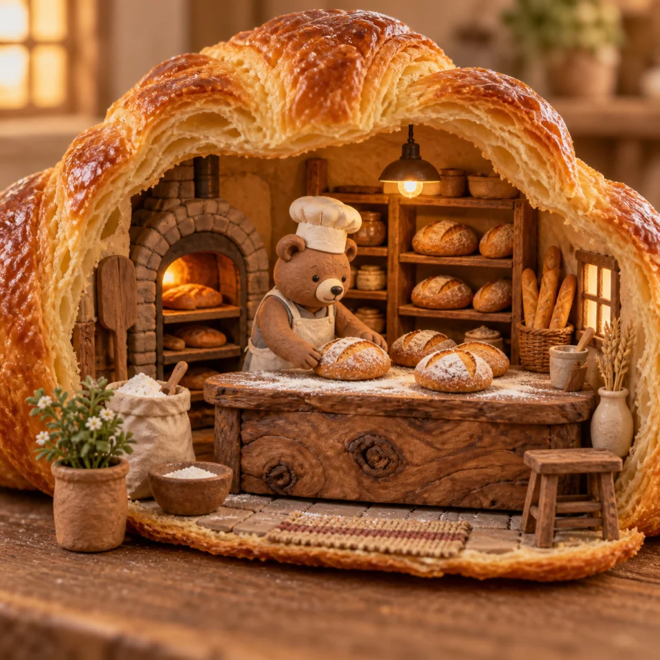 Miniature bear bakery inside a croissant