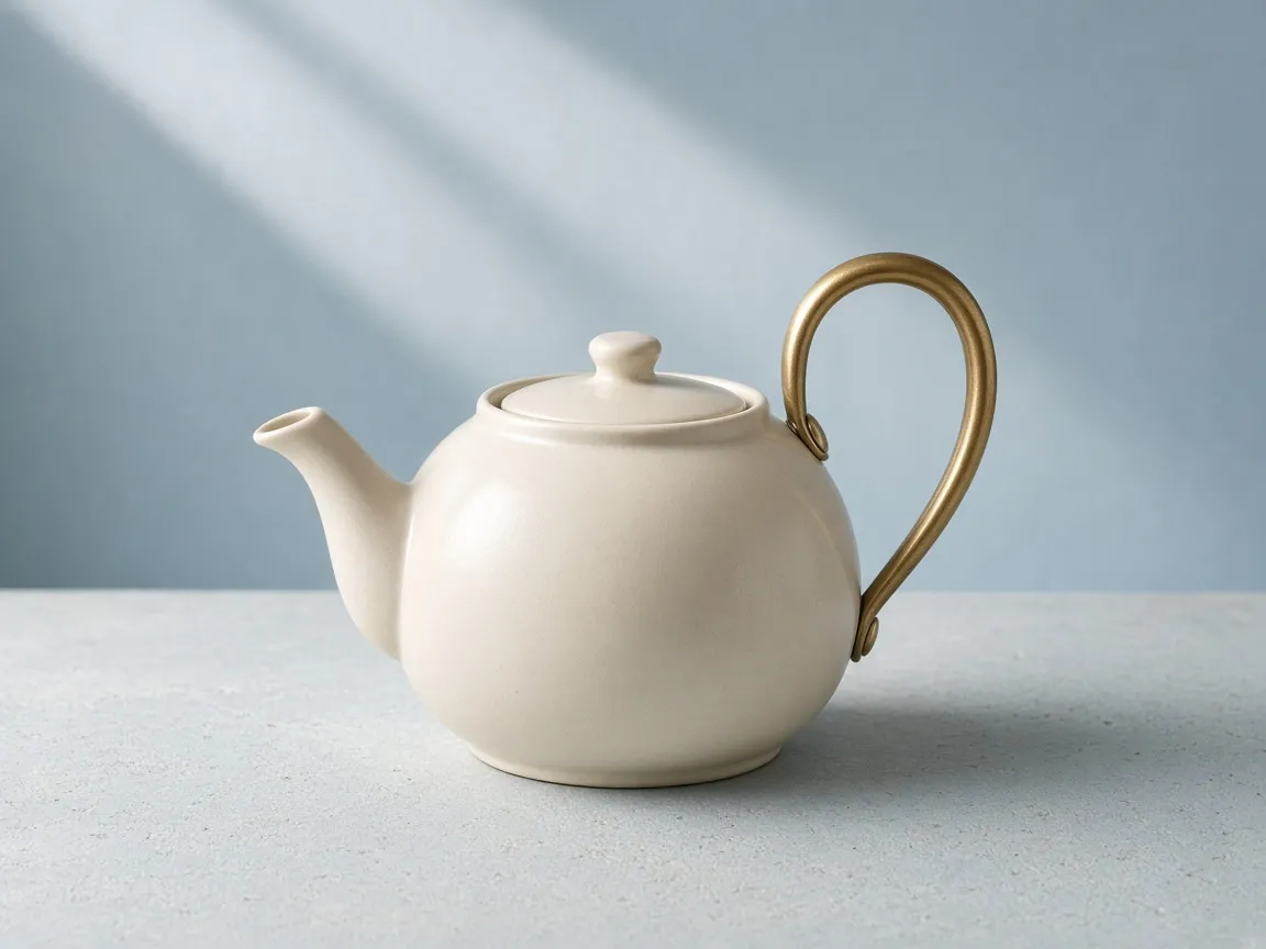 Ivory ceramic teapot with a brass handle on a pale blue surface