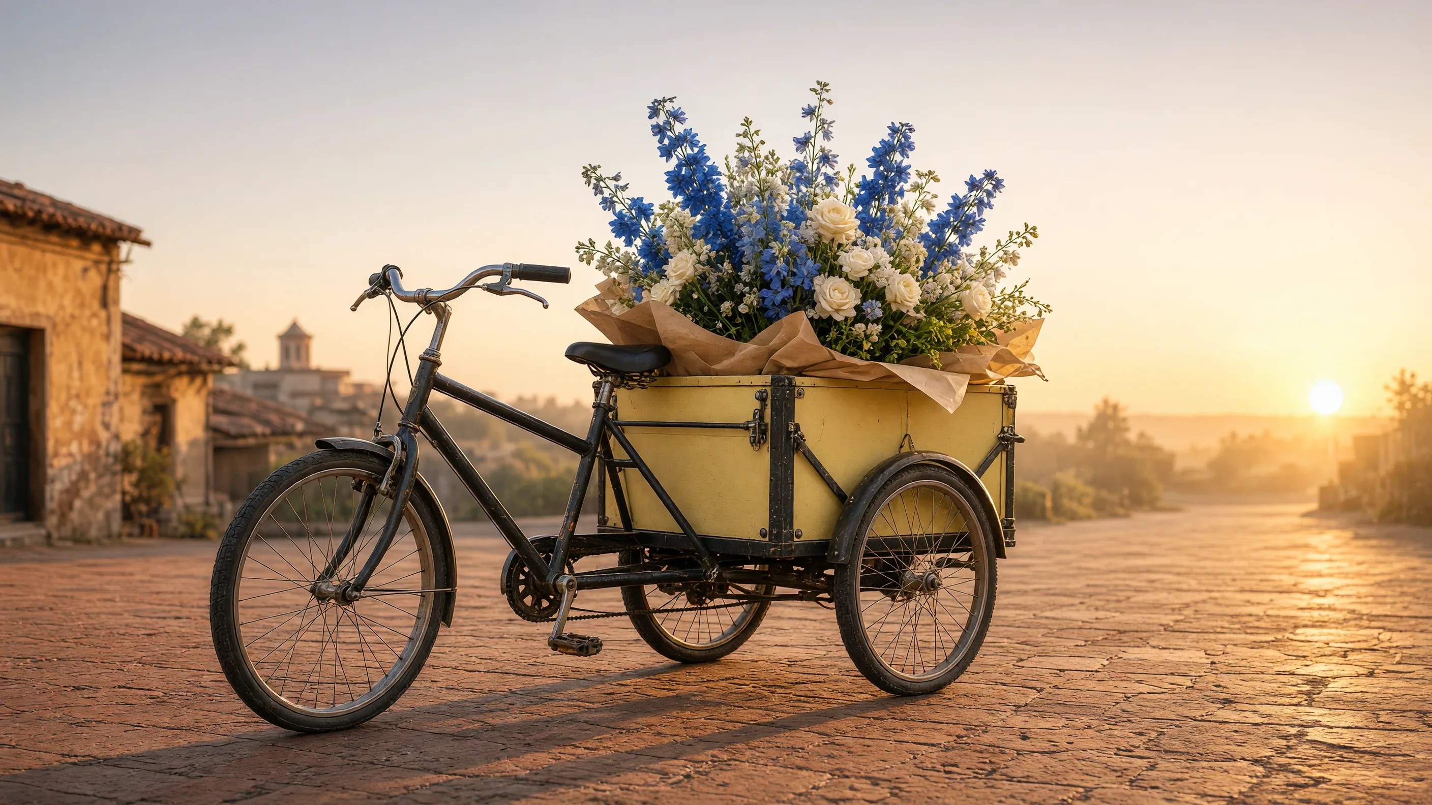 Yellow cargo tricycle carrying blue and cream flowers at sunrise