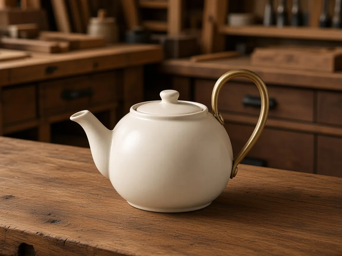The ivory teapot on a wooden table in a softly lit workshop