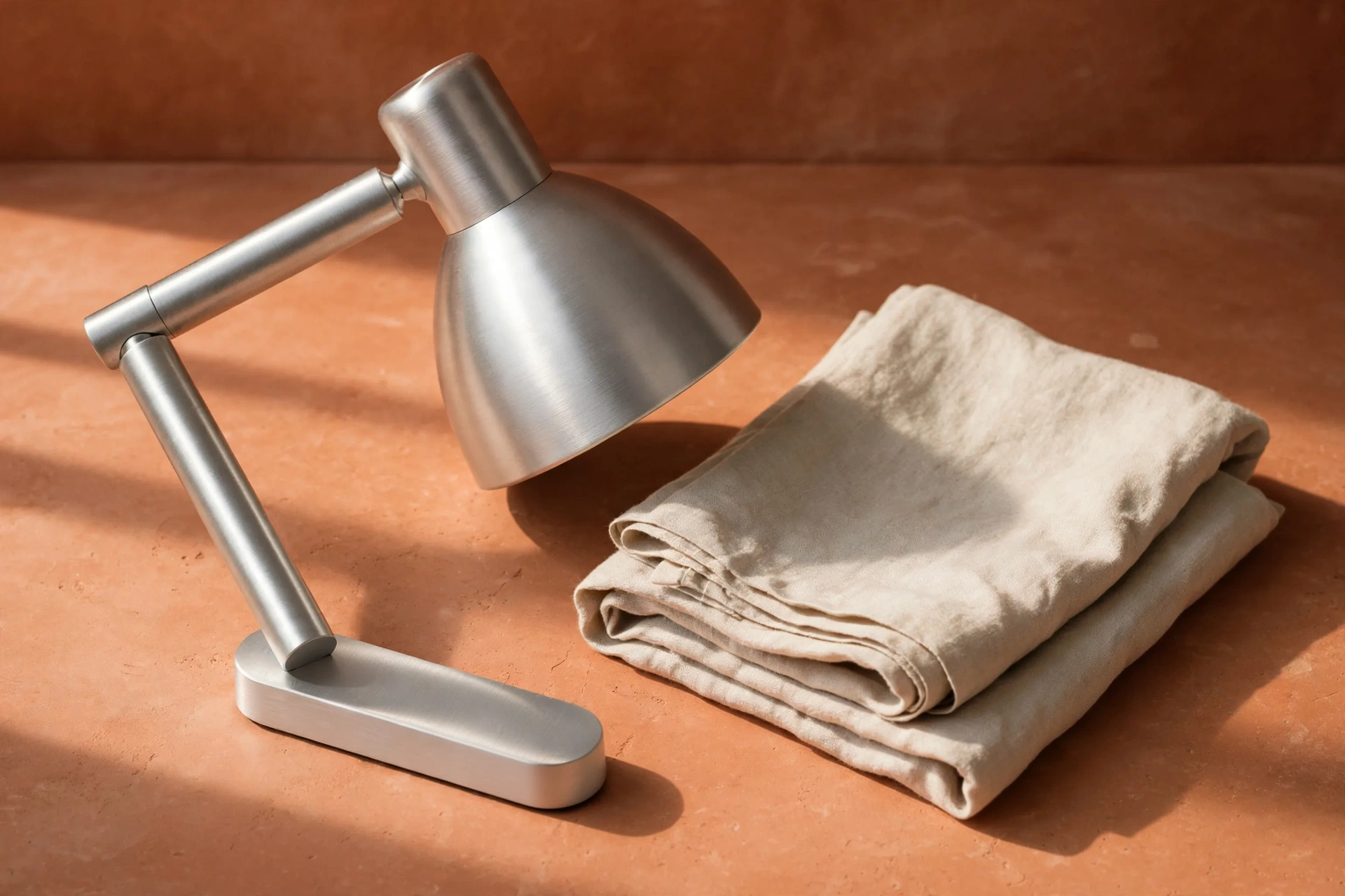 The same aluminum lamp and folded linen in a terracotta studio