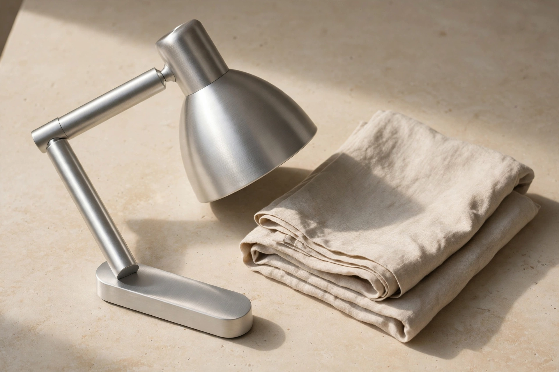 Brushed-aluminum desk lamp beside folded linen on pale stone