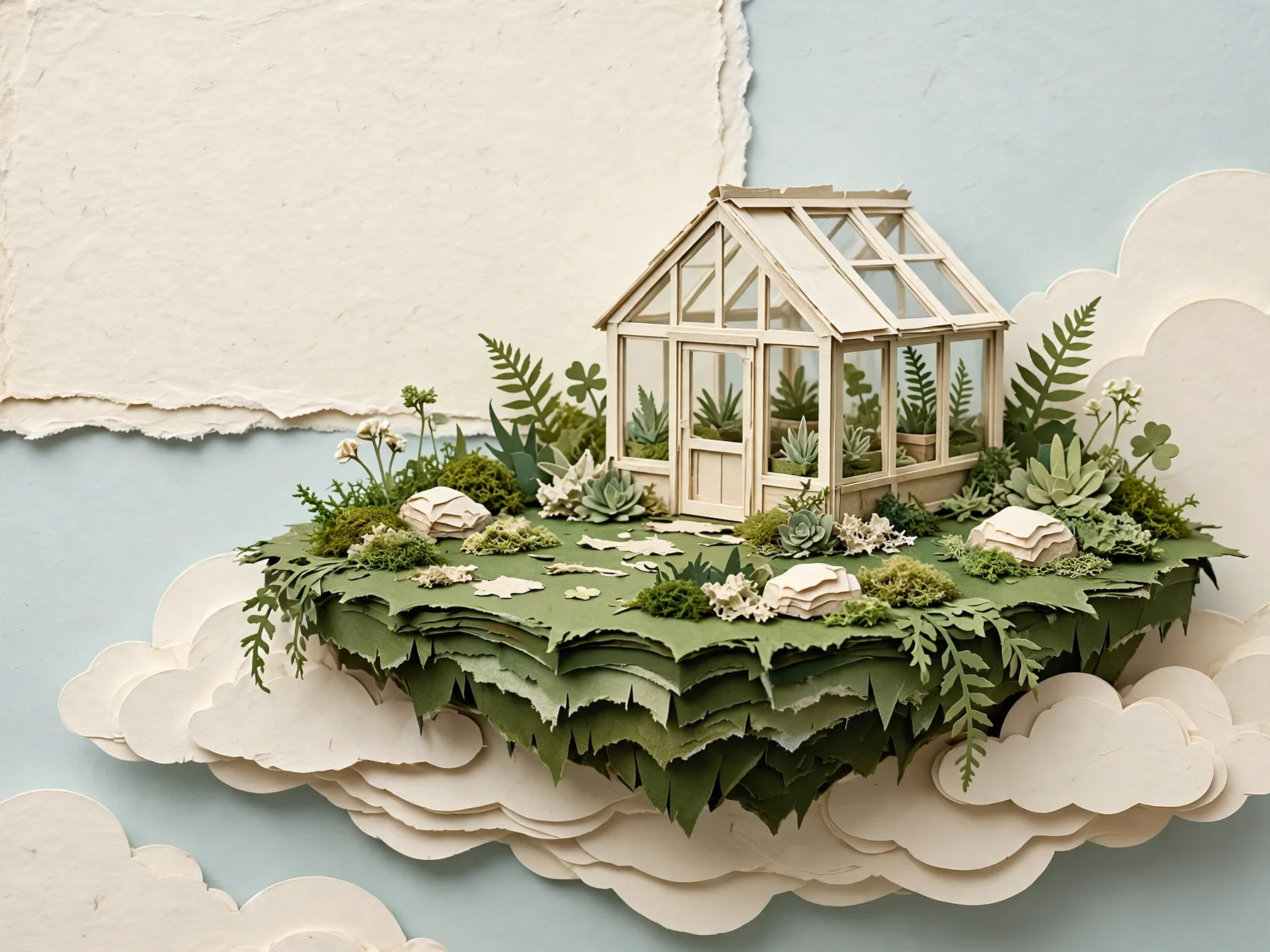 Layered paper greenhouse on a moss-green floating island