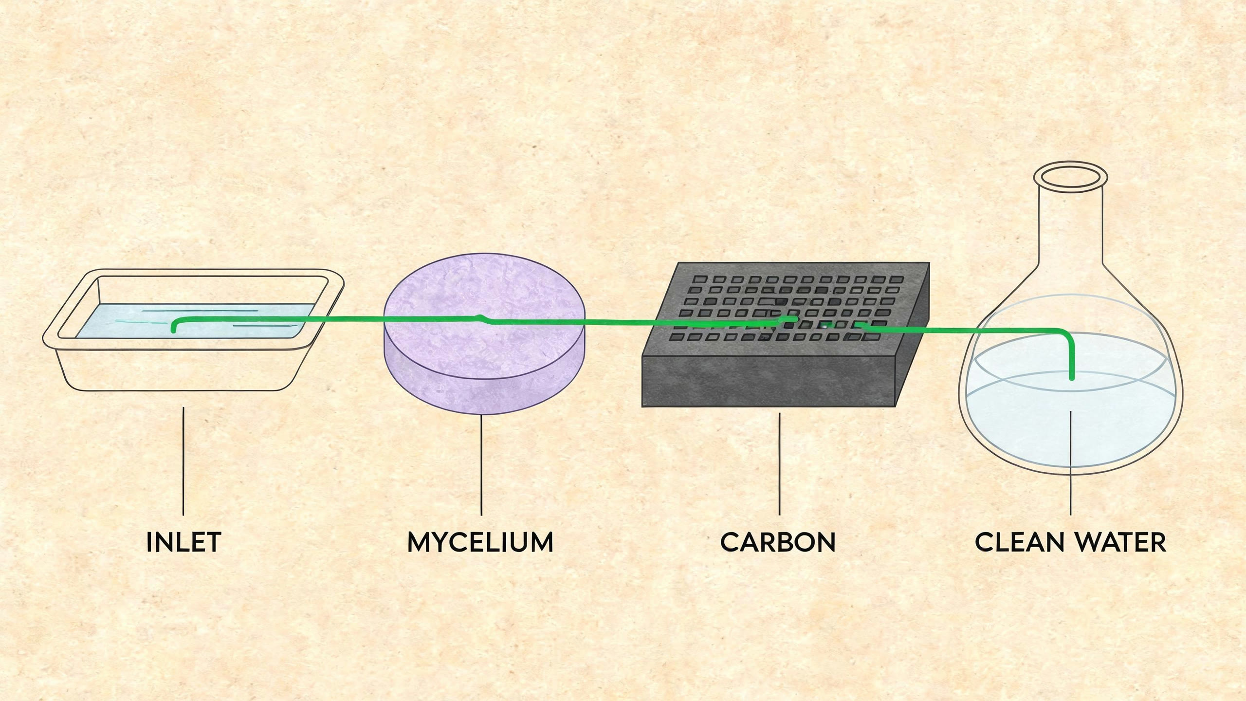 AI-generated scientific field plate showing an inlet basin, mycelium wafer, carbon cartridge, and clean-water flask connected by a green flow line