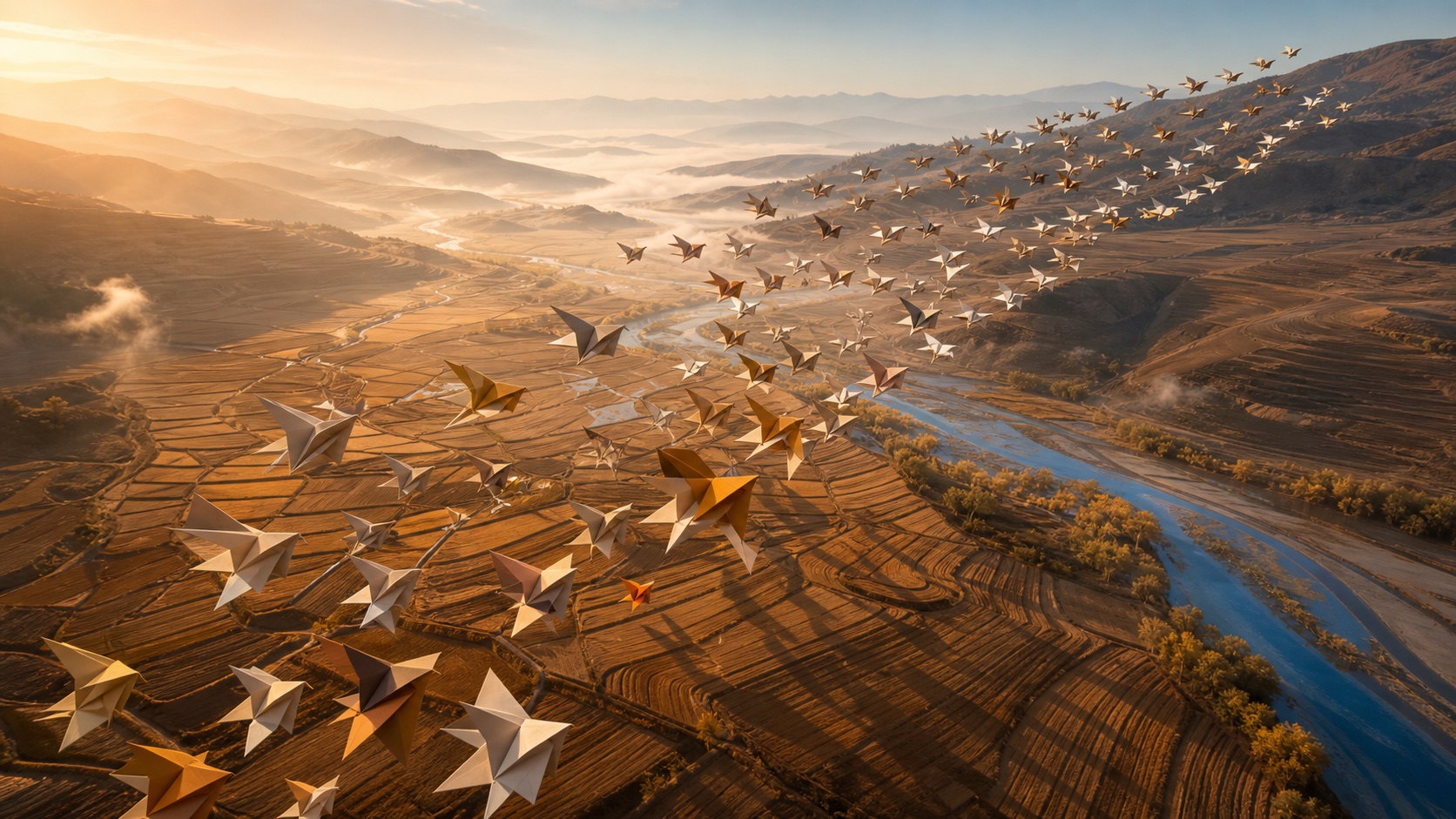 AI-generated Movelume studio study: Origami Migration Valley