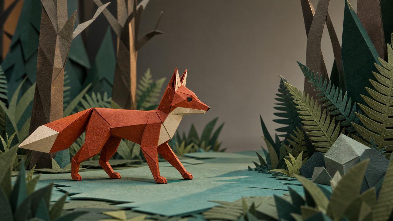 An AI-generated rust-red folded-paper fox walking across a layered miniature forest stage