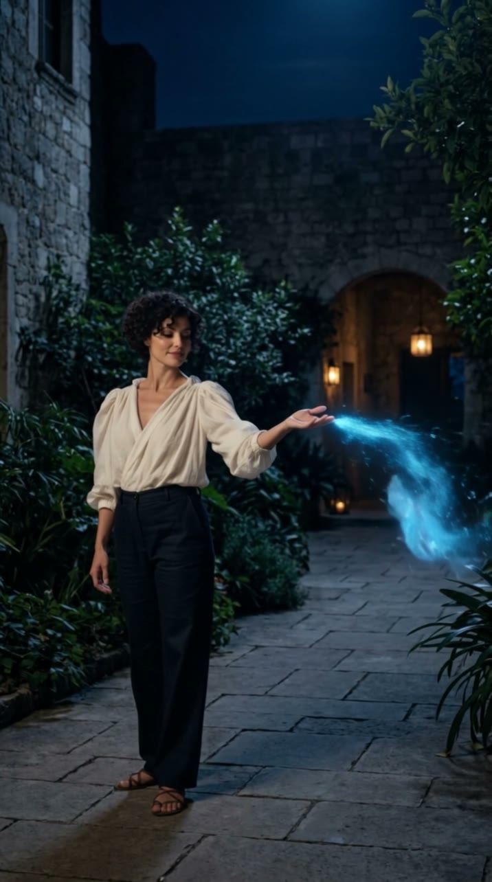 A blue glowing trail gathers beside the grounded adult before the fairy takes shape