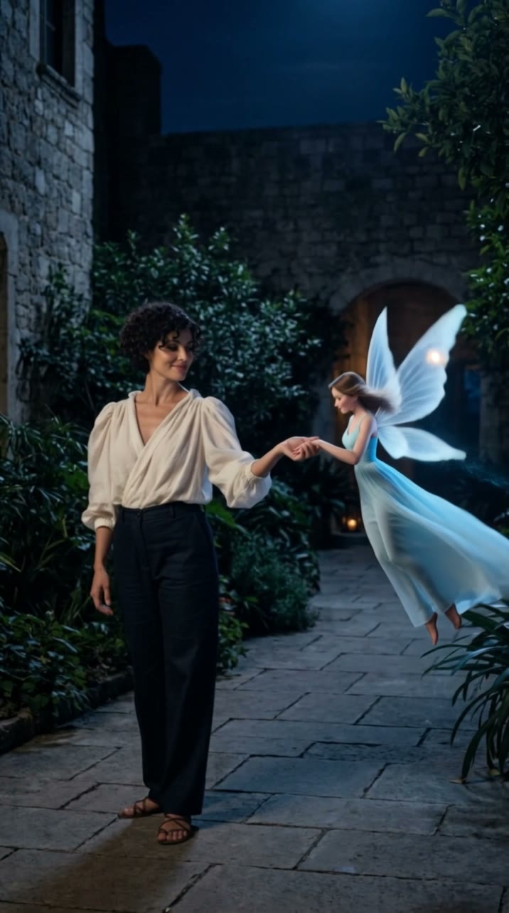 The fairy holds the adult’s hand with feet visibly above the courtyard floor
