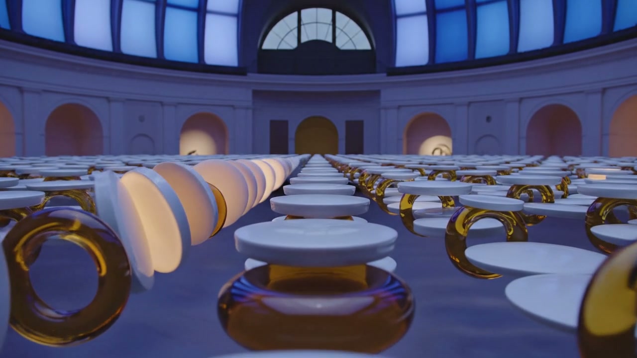 AI-generated Veo 3.1 video of porcelain discs and amber glass rings carrying a gentle ripple through a blue-hour observatory