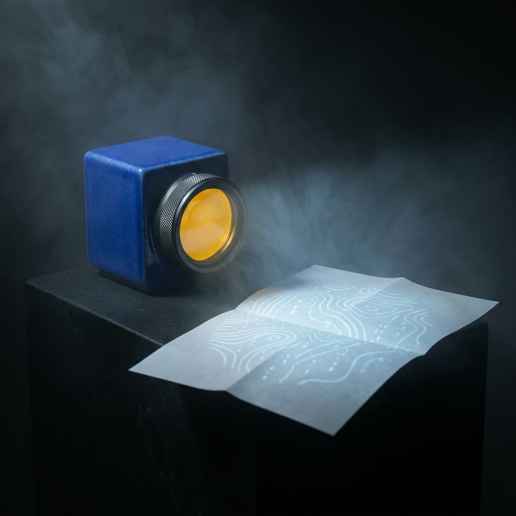 A compact blue projector casting a glowing topographic map onto paper