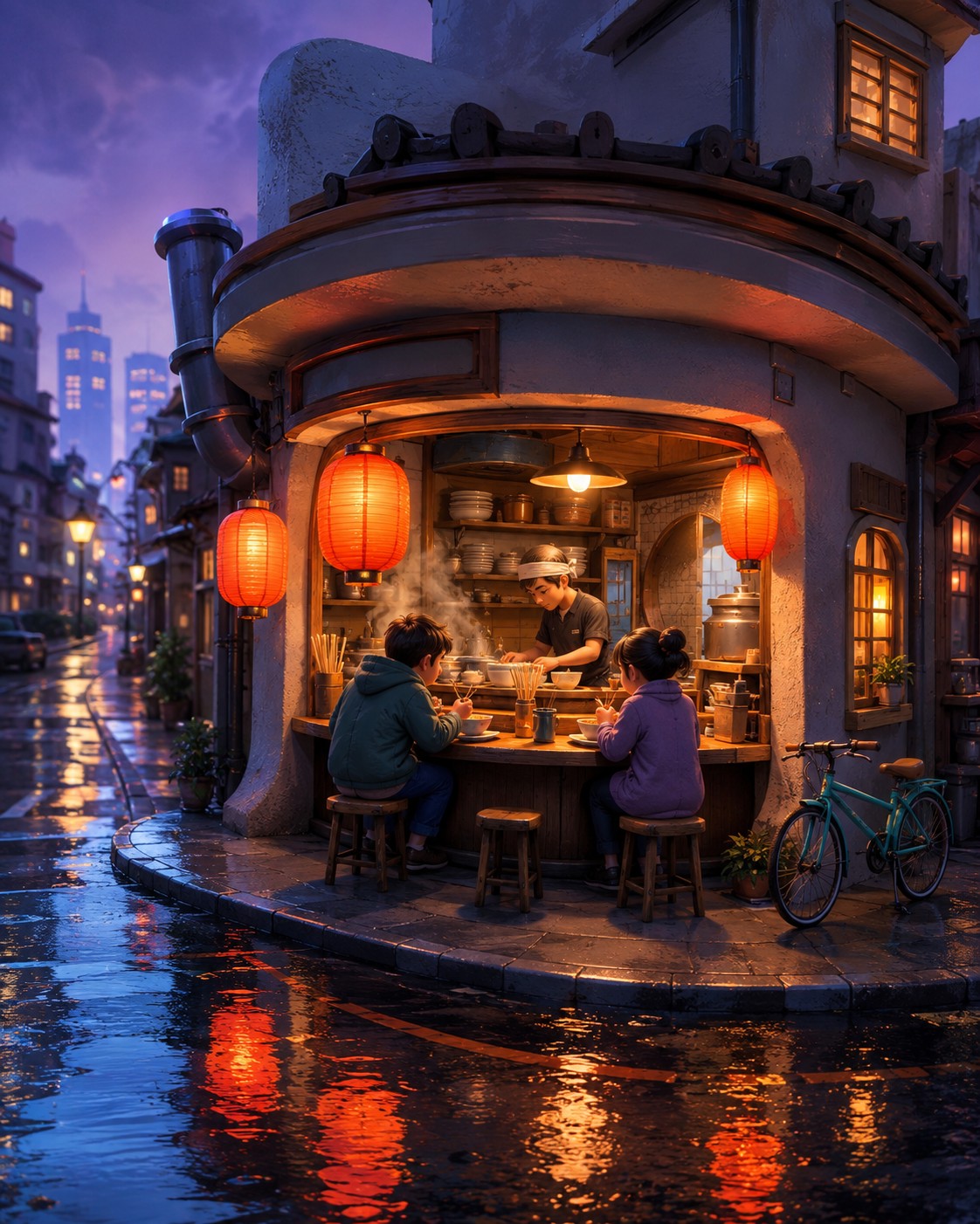 AI-generated Movelume studio study: Rainy Noodle Corner