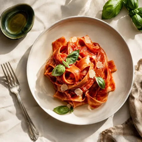 Tomato pappardelle and basil on an ivory plate in Mediterranean sunlight